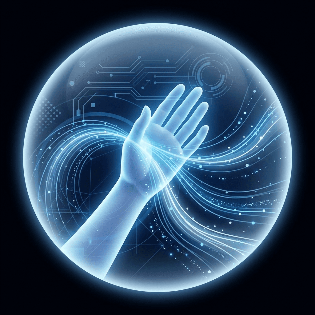 A luminous hand releasing a stream of light