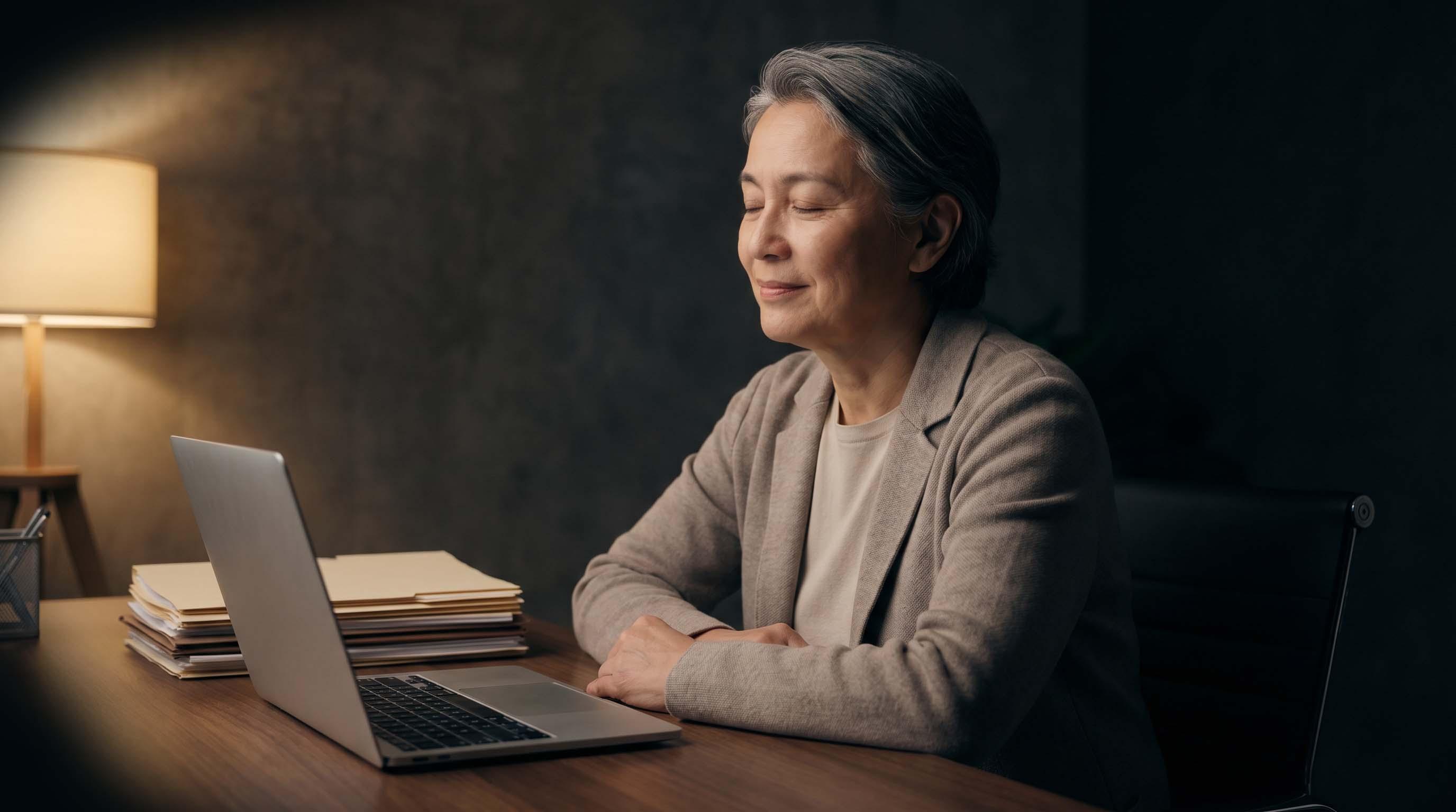 A person sitting calmly at a laptop with a stack of folders beside them
