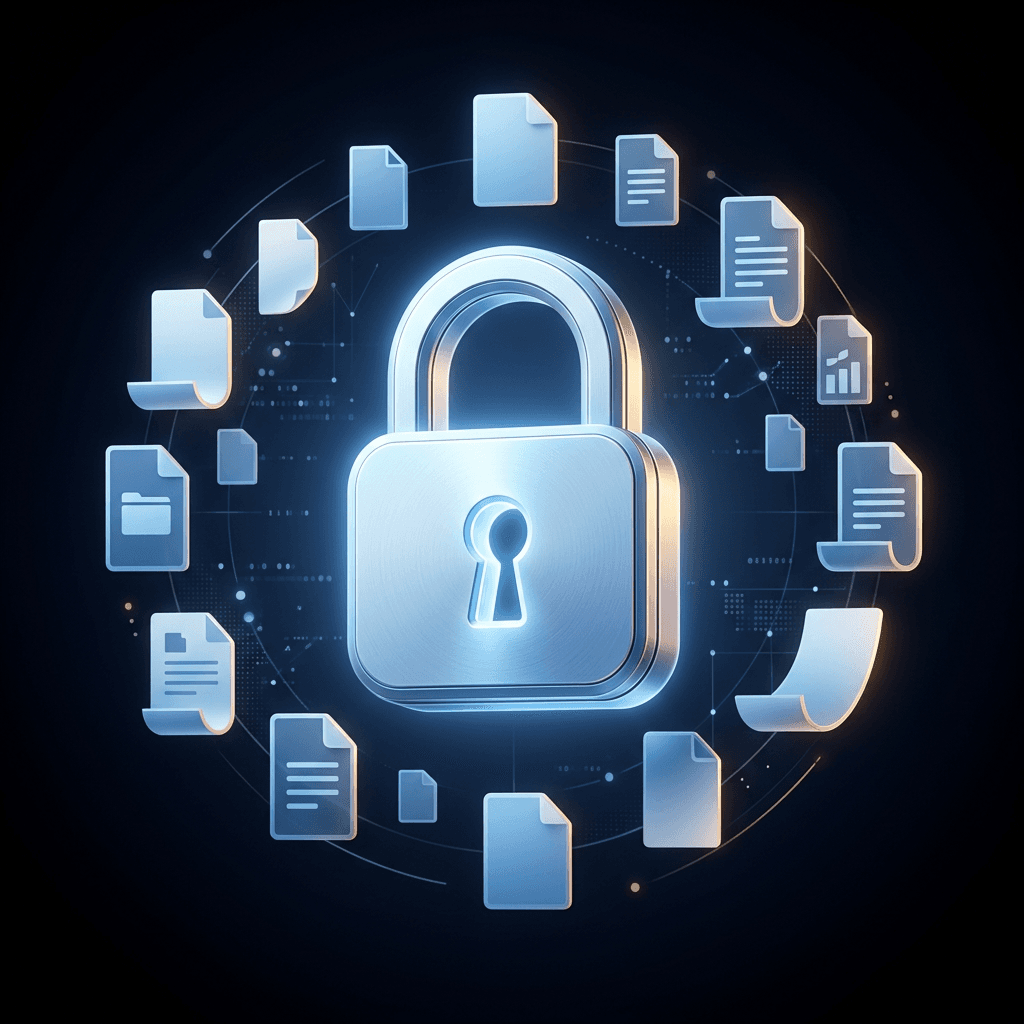 A glowing padlock surrounded by document icons