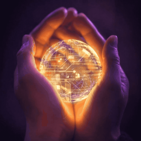 A pair of hands cradling a glowing sphere of data